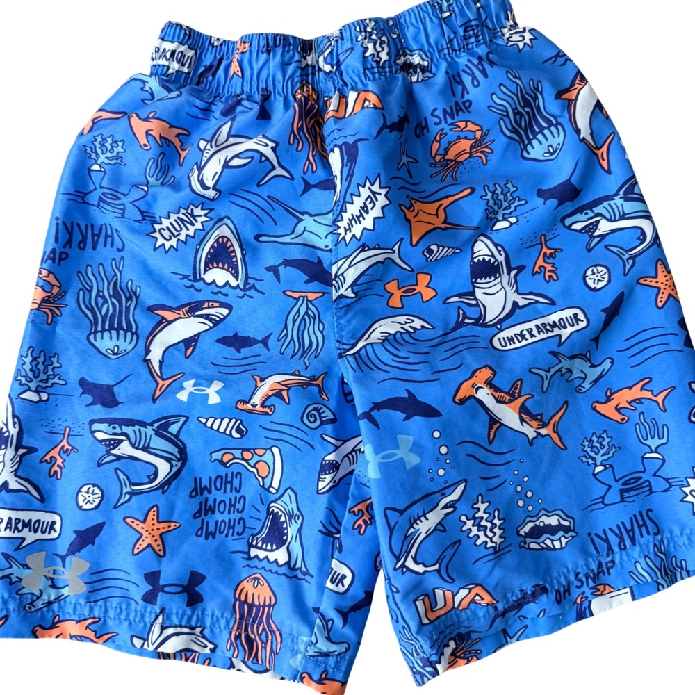 Under Armour Boys Blue Shark Print Swim Trunks Mesh Lined Size 7 UASGK40E-812